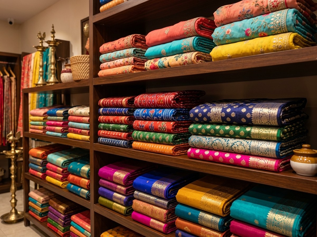 Folded Stacks of Sambalpuri and Silk Sarees